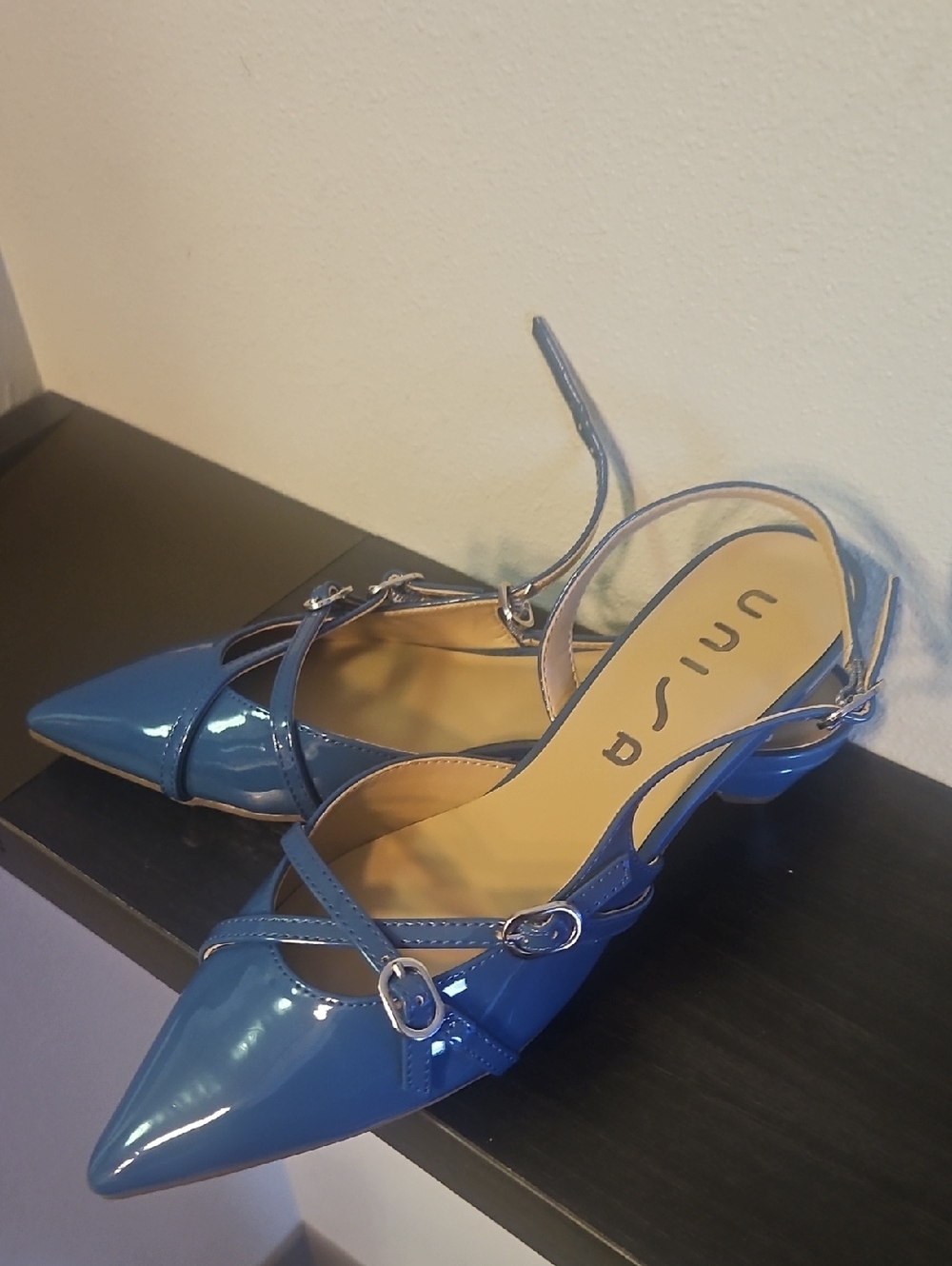 Unisa Blue Patent Pointed Slingback Flats with Buckle